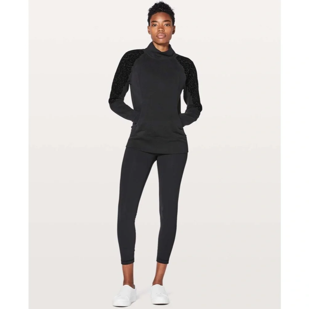 lululemon | Floral Flock Pullover Black Velvet Terry 1/4 Zip Sweater Size 4